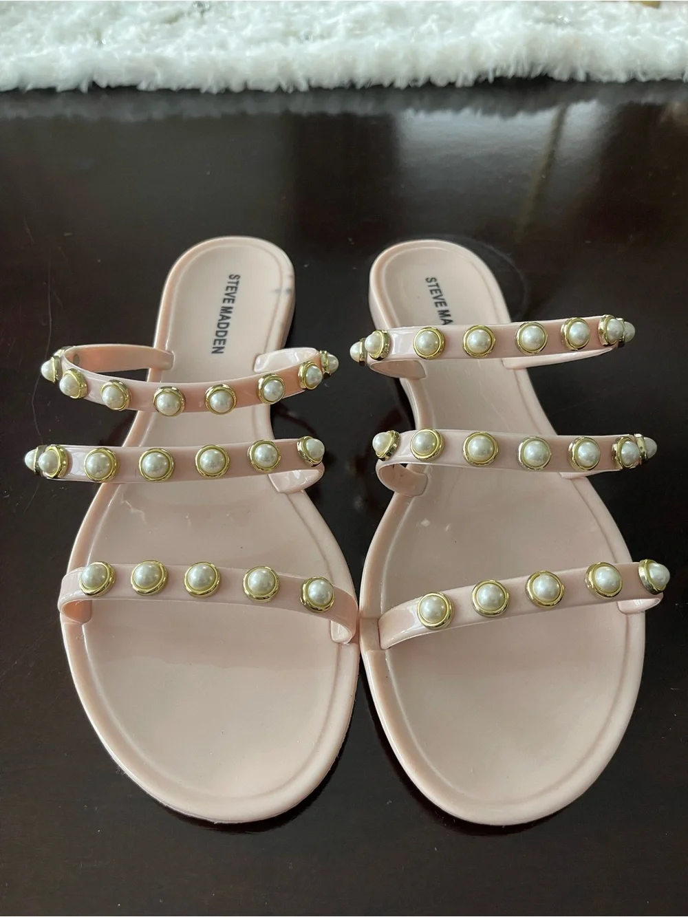 Steve Madden Pink Pearl-Studded Triple Strap Slide Sandals Size 7